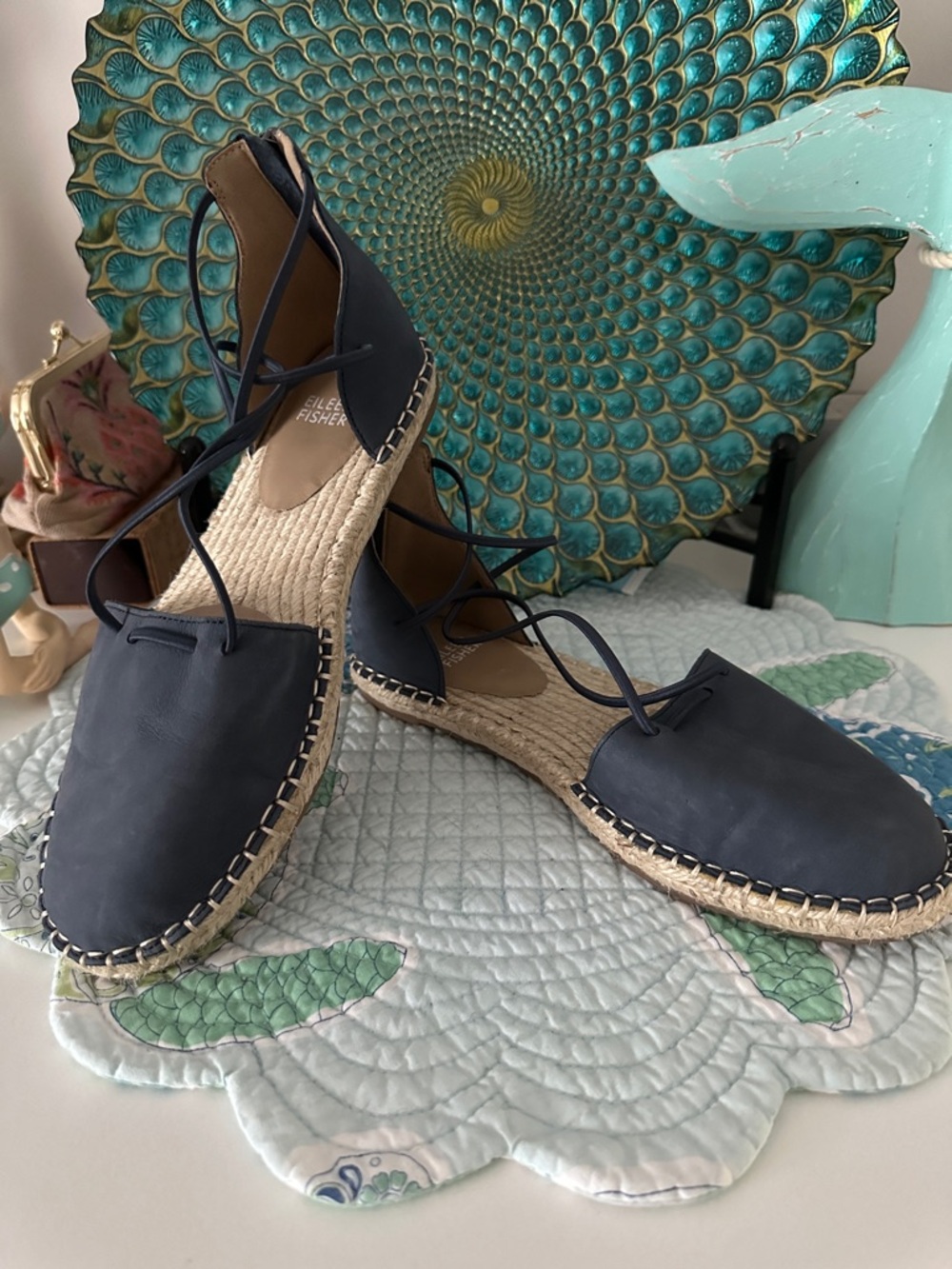 Eileen Fisher Navy Leather Espadrille Lace-Up Flats